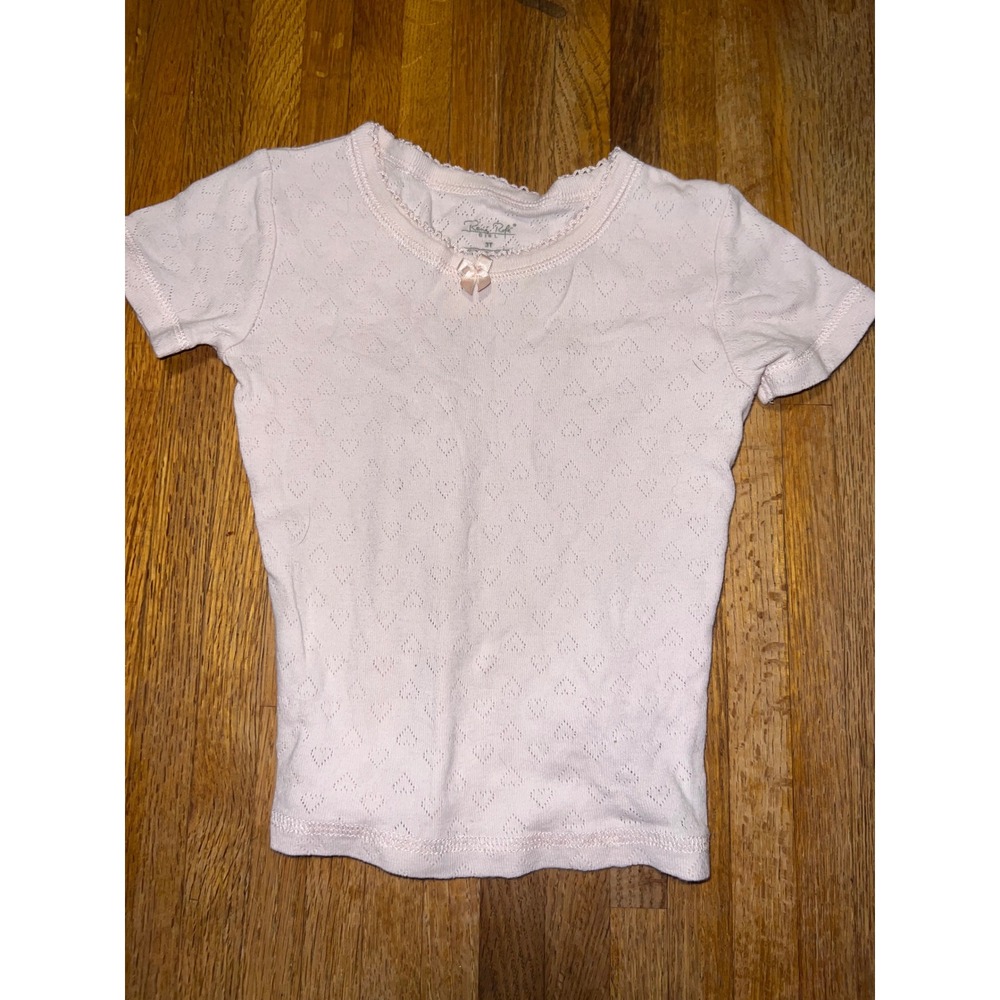 Rene Rofe Girl 3T Pink Heart Pointelle Knit Short Sleeve Bow Stretch Cotton Top